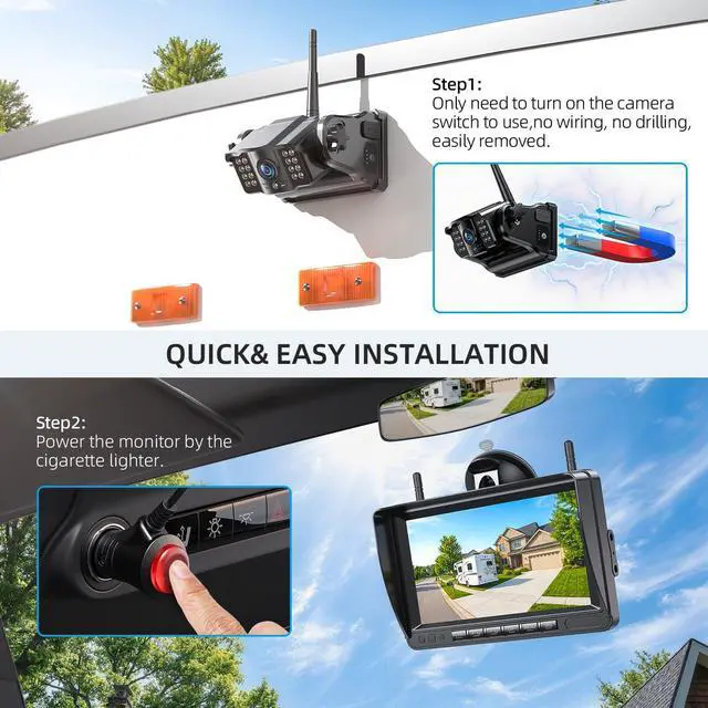 Alt view image 2 of 7 - Dual Magnetic Wireless Backup Cameras - HD1080P 7 DVR Monitor, Stable Signal for RV/Trailer/Truck/Tractor/Camper/Hitch/Travel, 1-Min Install-Free, Clear Night Vision Back Up Camera (ACT702)
