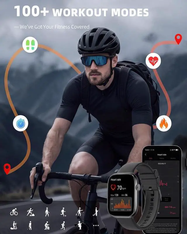 Alt view image 4 of 7 - Smart Watch for Women Men, Fitness and Sleep Trackers with 1.83" HD Touchscreen, Bluetooth Calling Smartwatch for Android/iOS, IP67 Waterproof Multi-Sport Modes Pedometer, Jet Black