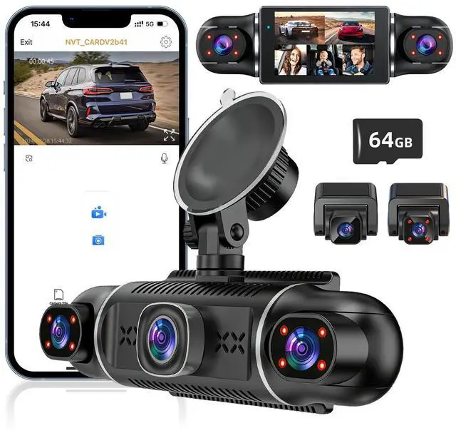 Main image of 5Channel Dash Cam,Front and Rear, 360° Dash Camera, 2160P/1080P UHD, Super Night Vision with IR LEDs, Built-in 5G WiFi, G-Sensor, 24-Hour Parking Monitoring, Includes 64GB TF Card, 3Inch Screen