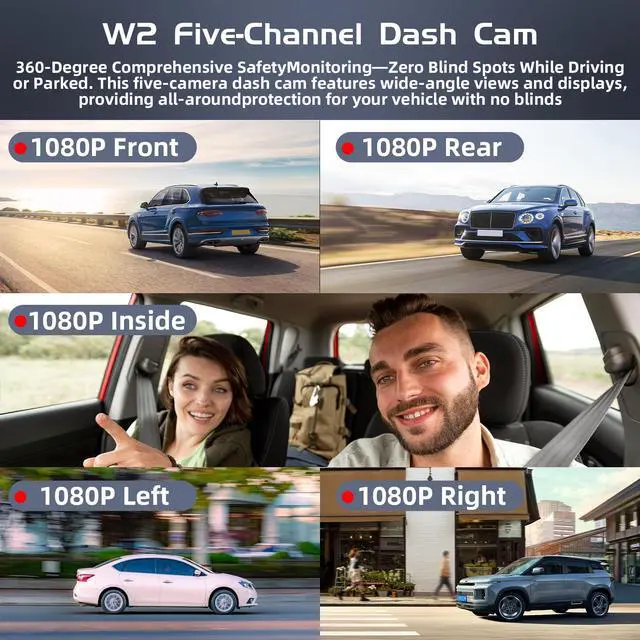 Alt view image 4 of 7 - 5Channel Dash Cam,Front and Rear, 360° Dash Camera, 2160P/1080P UHD, Super Night Vision with IR LEDs, Built-in 5G WiFi, G-Sensor, 24-Hour Parking Monitoring, Includes 64GB TF Card, 3Inch Screen