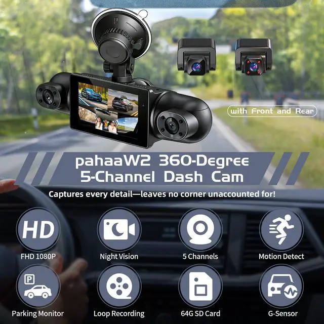 Alt view image 2 of 7 - 5Channel Dash Cam,Front and Rear, 360° Dash Camera, 2160P/1080P UHD, Super Night Vision with IR LEDs, Built-in 5G WiFi, G-Sensor, 24-Hour Parking Monitoring, Includes 64GB TF Card, 3Inch Screen