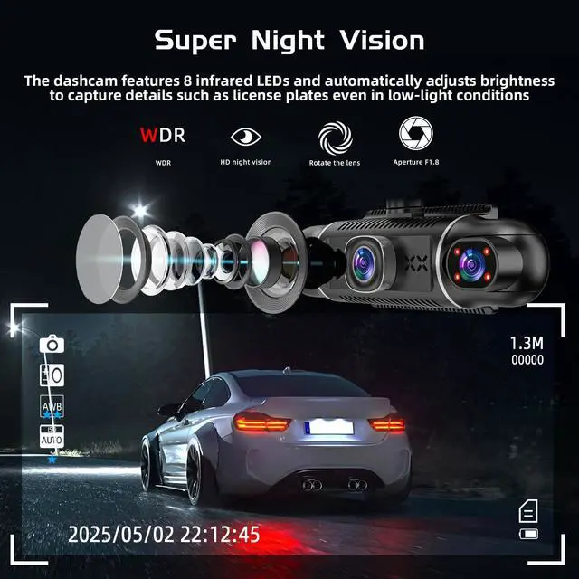 Alt view image 7 of 7 - 5Channel Dash Cam,Front and Rear, 360° Dash Camera, 2160P/1080P UHD, Super Night Vision with IR LEDs, Built-in 5G WiFi, G-Sensor, 24-Hour Parking Monitoring, Includes 64GB TF Card, 3Inch Screen