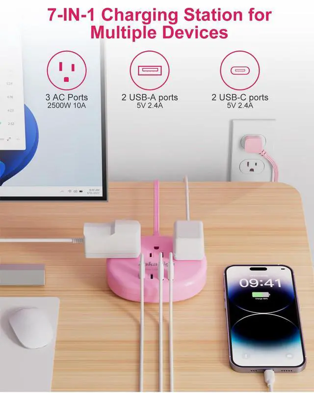 Alt view image 2 of 7 - Pink Extension Cord with USB C - 5 FT Kawaii Power Strip
