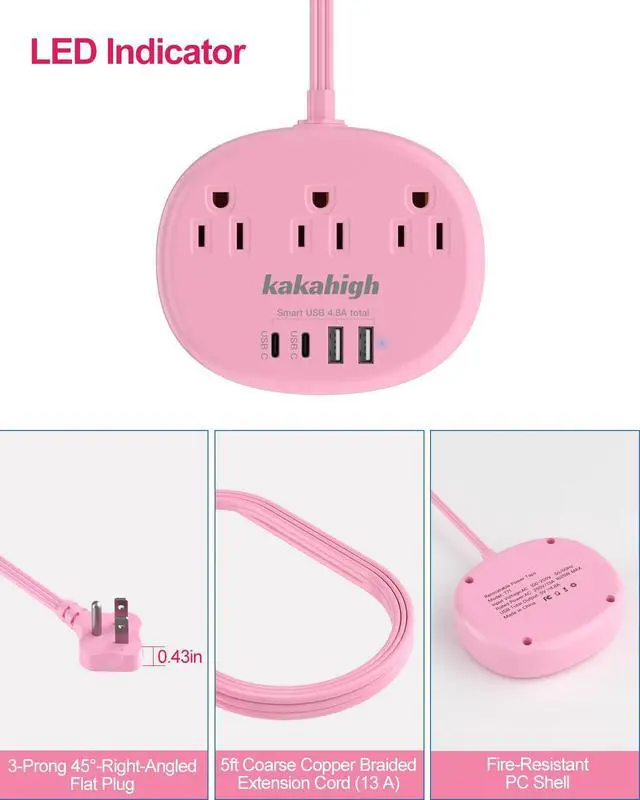 Alt view image 7 of 7 - Pink Extension Cord with USB C - 5 FT Kawaii Power Strip