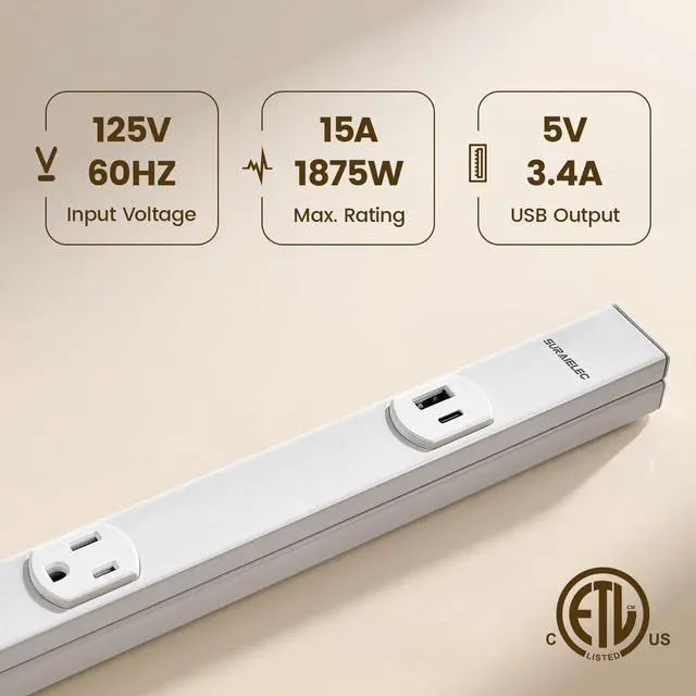 Alt view image 2 of 7 - 2 Pack Under Cabinet Power Strip Hardwire, 36-in, 6 TR Outlets | USB-A & USB-C, Seamless Under Cabinet Outlet, Power Strip for Kitchen, Workshop, ETL Listed, White