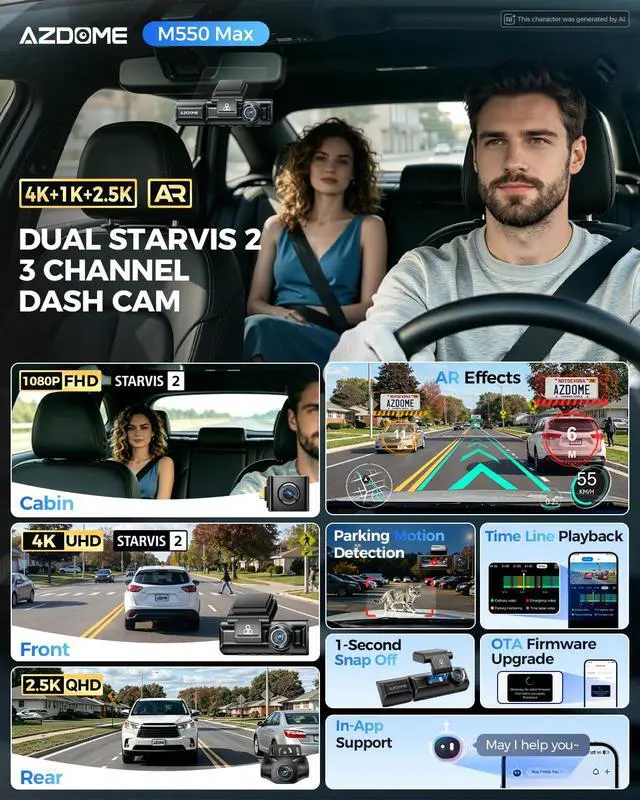Alt view image 2 of 7 - M550 Max 4K 3 Channel Dash Cam Front Rear and Inside, Dual STARVIS 2 | 4K+1080P+2.5K, Motion Detection Parking Monitor, Built-in WiFi & GPS, 64GB Card Included, IR Night Vision, WDR, OTA Updates