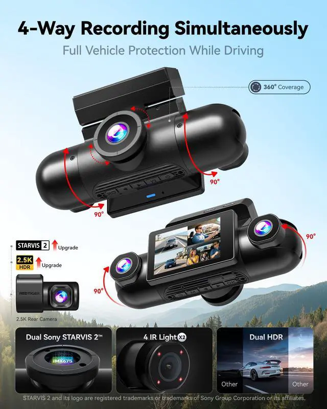 Alt view image 2 of 7 - VP40 4 Channel 360° Dash Cam, Dual STARVIS 2, 8 IR Night Vision | 4 Adjustable Lenses, 5.8GHz WiFi, 2.5K*2+1080P*2 Recording, GPS, Voice Control, Touchscreen, 24H Parking Mode, No Card