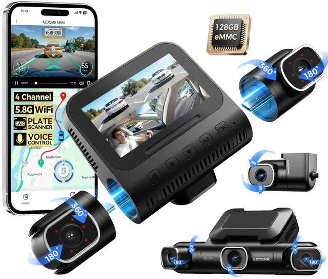 Main image of M660 360° 4 Channel Dash Cam for Cars with 128GB eMMC, 2K+1080P*3 | Motion Detection Parking Monitor, Voice Control, 5.8GHz WiFi & GPS, IR Night Vision, WDR, OTA Updates, 4 Adjustable Lenses