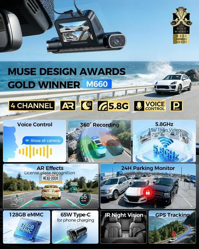 Alt view image 5 of 7 - M660 360° 4 Channel Dash Cam for Cars with 128GB eMMC, 2K+1080P*3 | Motion Detection Parking Monitor, Voice Control, 5.8GHz WiFi & GPS, IR Night Vision, WDR, OTA Updates, 4 Adjustable Lenses