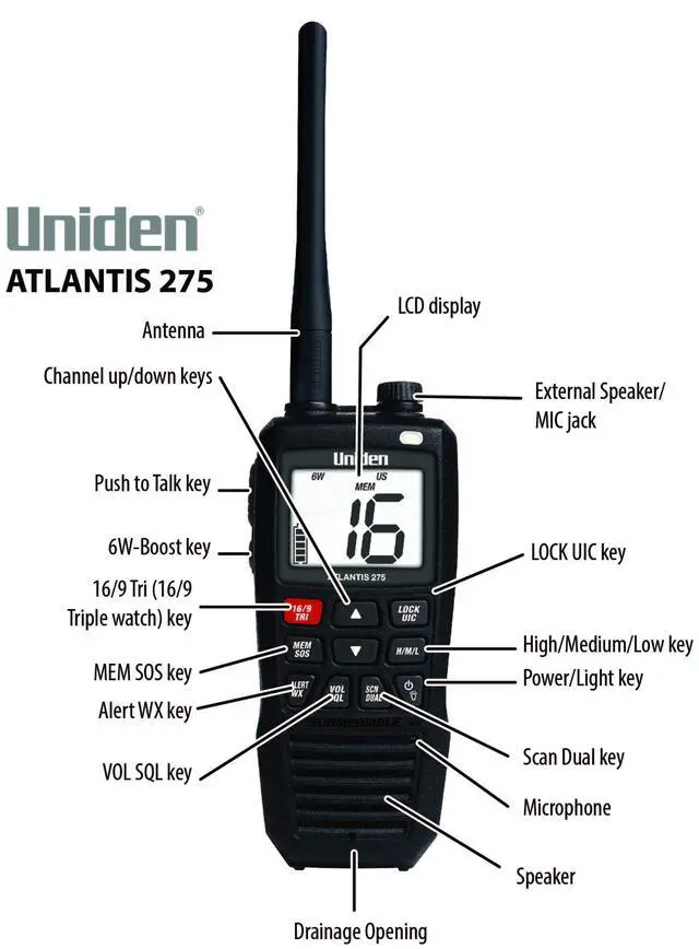 Alt view image 7 of 7 - Atlantis 275 Handheld Two-Way VHF Marine Radio, Floating IPX8 Submersible Waterproof, Large Dual-Color Screen, 6-Watt, All USA/International/Canadian Marine Channels, NOAA Weather Alerts