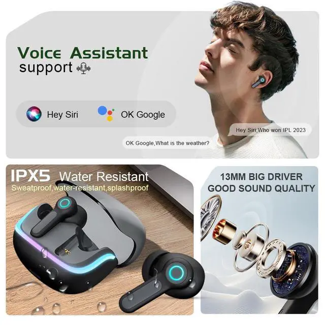 Alt view image 7 of 7 - G07 Wireless Earbuds with RGB LED Light Gaming Earbuds with 40ms Low Latency Dual Game and Music Mode Earphones Wireless Headphones with 50 Hours Worktime IPX5 Waterproof (Black)