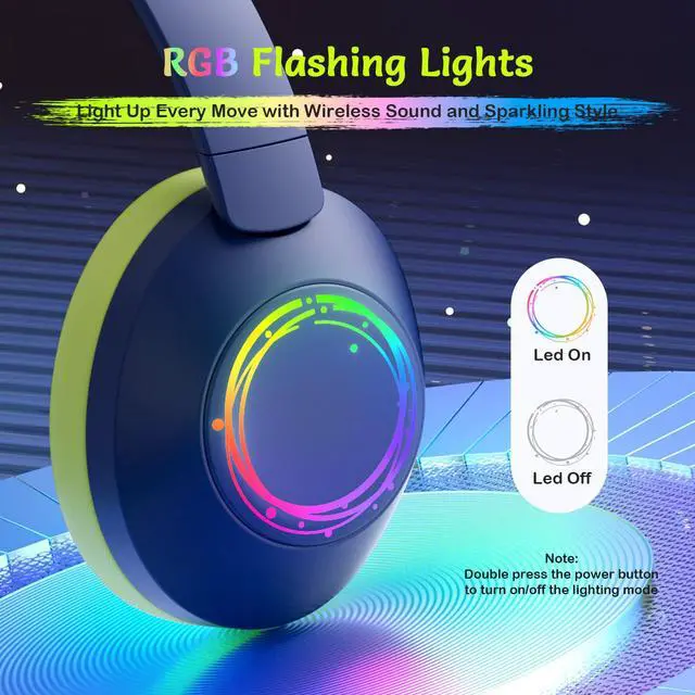 Alt view image 2 of 7 - Noise Cancelling Headphones for Kids,Colorful RGB LED Lights | 60H Playtime, Bluetooth 5.4 Wireless Over-Ear Headset Built-in Microphone for Home/School/Party- Includes Portable Case blue