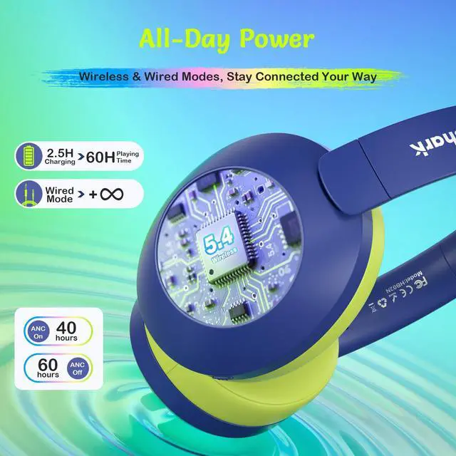 Alt view image 5 of 7 - Noise Cancelling Headphones for Kids,Colorful RGB LED Lights | 60H Playtime, Bluetooth 5.4 Wireless Over-Ear Headset Built-in Microphone for Home/School/Party- Includes Portable Case blue