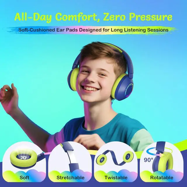 Alt view image 4 of 7 - Noise Cancelling Headphones for Kids,Colorful RGB LED Lights | 60H Playtime, Bluetooth 5.4 Wireless Over-Ear Headset Built-in Microphone for Home/School/Party- Includes Portable Case blue