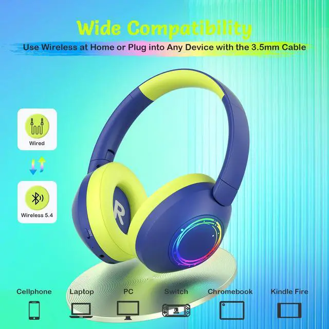 Alt view image 7 of 7 - Noise Cancelling Headphones for Kids,Colorful RGB LED Lights | 60H Playtime, Bluetooth 5.4 Wireless Over-Ear Headset Built-in Microphone for Home/School/Party- Includes Portable Case blue