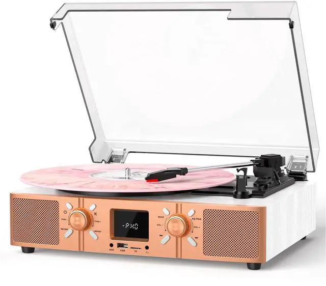Main image of Vinyl Record Player with Built-in Speakers, Bluetooth Turntable for Vinyl Records, 3-Speed Belt-Driven LP Player, USB/Micro SD Recording, FM Radio, RCA/AUX/Headphone Jack, White Rose Gold