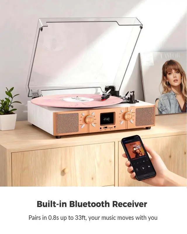 Alt view image 2 of 7 - Vinyl Record Player with Built-in Speakers, Bluetooth Turntable for Vinyl Records, 3-Speed Belt-Driven LP Player, USB/Micro SD Recording, FM Radio, RCA/AUX/Headphone Jack, White Rose Gold