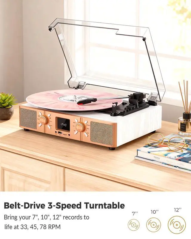 Alt view image 3 of 7 - Vinyl Record Player with Built-in Speakers, Bluetooth Turntable for Vinyl Records, 3-Speed Belt-Driven LP Player, USB/Micro SD Recording, FM Radio, RCA/AUX/Headphone Jack, White Rose Gold