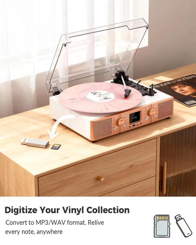 Alt view image 4 of 7 - Vinyl Record Player with Built-in Speakers, Bluetooth Turntable for Vinyl Records, 3-Speed Belt-Driven LP Player, USB/Micro SD Recording, FM Radio, RCA/AUX/Headphone Jack, White Rose Gold