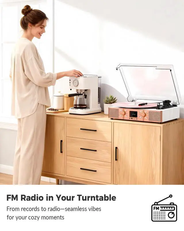 Alt view image 5 of 7 - Vinyl Record Player with Built-in Speakers, Bluetooth Turntable for Vinyl Records, 3-Speed Belt-Driven LP Player, USB/Micro SD Recording, FM Radio, RCA/AUX/Headphone Jack, White Rose Gold