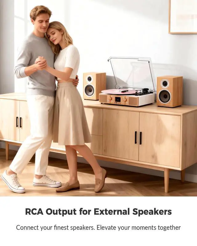 Alt view image 7 of 7 - Vinyl Record Player with Built-in Speakers, Bluetooth Turntable for Vinyl Records, 3-Speed Belt-Driven LP Player, USB/Micro SD Recording, FM Radio, RCA/AUX/Headphone Jack, White Rose Gold