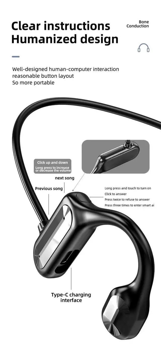 Alt view image 7 of 7 - Bone Conduction Headphones - 2024 New Waterproof Bone Conduction Head Phones with Mic
