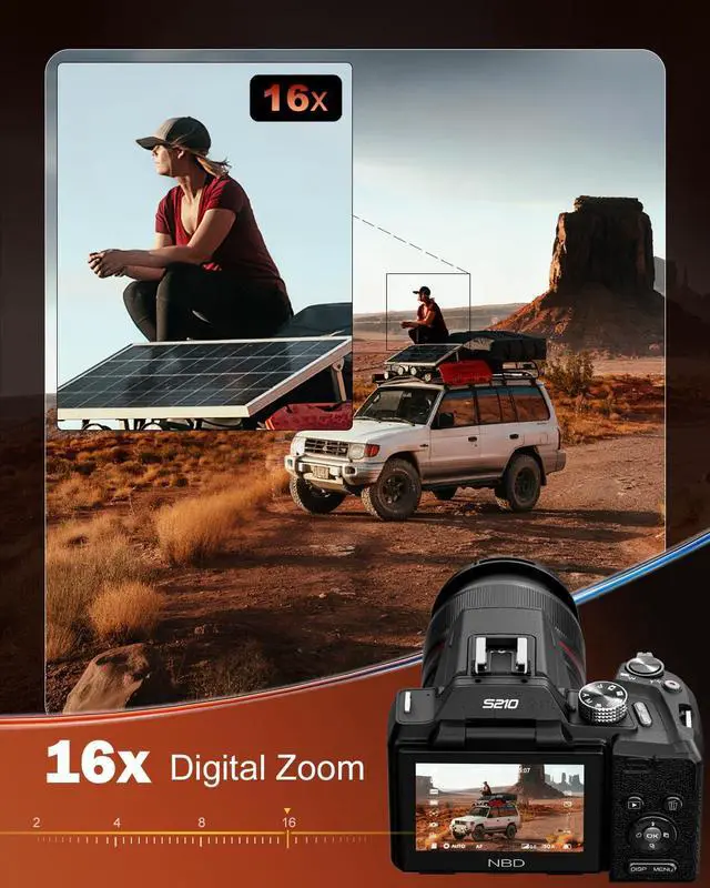 Alt view image 2 of 7 - 8K Digital Cameras for Photography,64MP Vlogging Cameras for YouTube,16X Optical Zoom Travel Point and Shoot Digital Cameras Fotograficas with 180°Flip Screen,2 Batteries,64GB Card (Black)