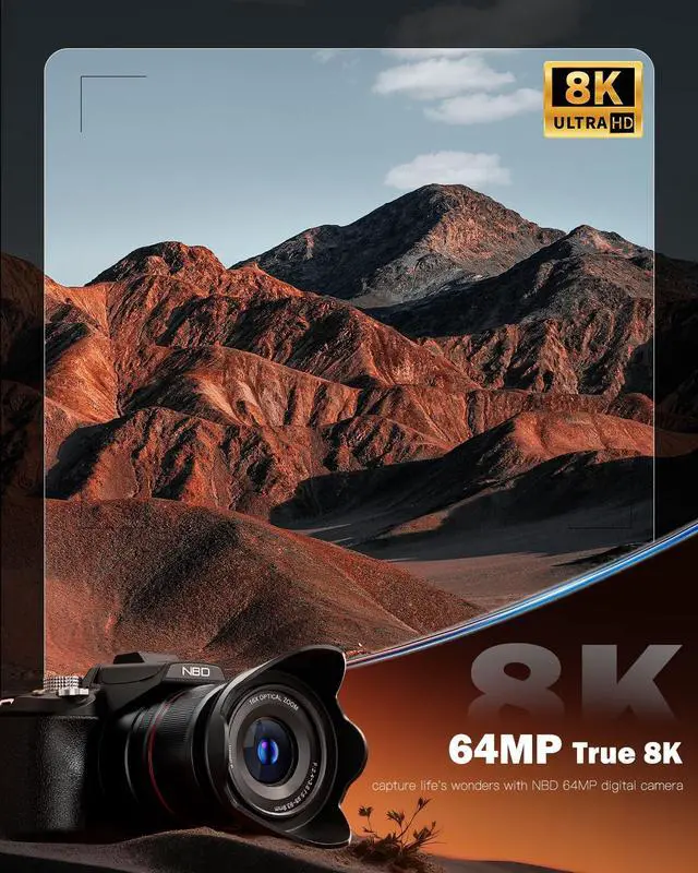 Alt view image 7 of 7 - 8K Digital Cameras for Photography,64MP Vlogging Cameras for YouTube,16X Optical Zoom Travel Point and Shoot Digital Cameras Fotograficas with 180°Flip Screen,2 Batteries,64GB Card (Black)