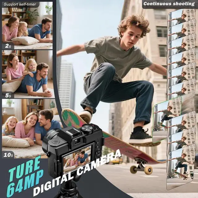 Alt view image 2 of 7 - True 5K Digital Camera for Photography, 64MP, Autofocus & Anti-Shake, 16X Zoom, WiFi, Wide-Angle & Macro Lens, 64GB TF Card, Vlogging Camera for YouTube & Travel (Black)