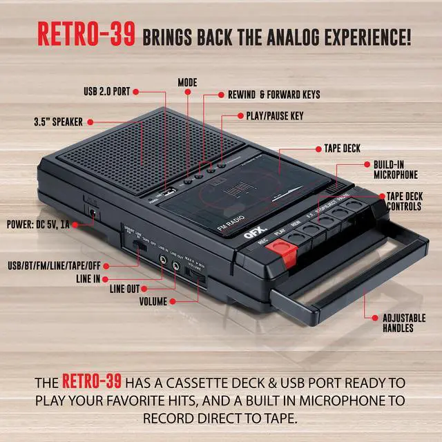 Alt view image 3 of 7 - Portable Shoebox Cassette Tape Player Recorder, RETRO-39BT | USB to Cassette Recording, Built-In Mic, 3.5" Bluetooth Speaker, FM Radio, MP3 Playback, Line-In/Out, AC/Battery Powered