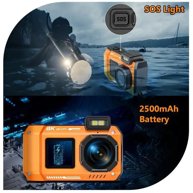 Alt view image 3 of 7 - 70MP 33FT WiFi Waterproof Digital Camera with 32GB Card, UHD 8K Underwater Camera, 18X Floatable Digital, Auto Focus Waterproof Dual-Screen Selfie 2500mAh Battery