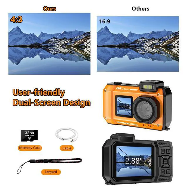 Alt view image 6 of 7 - 70MP 33FT WiFi Waterproof Digital Camera with 32GB Card, UHD 8K Underwater Camera, 18X Floatable Digital, Auto Focus Waterproof Dual-Screen Selfie 2500mAh Battery