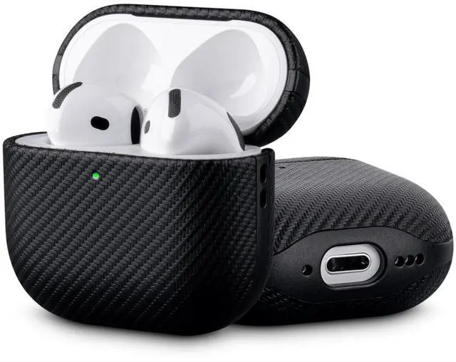 Main image of Edge Series - Hard Case for AirPods 4th Generation - Black | Artisan Hand-Wrapped Case - Premium Faux Leather - Carbon Fiber Finish - Microfiber-Lined Scratch Protection