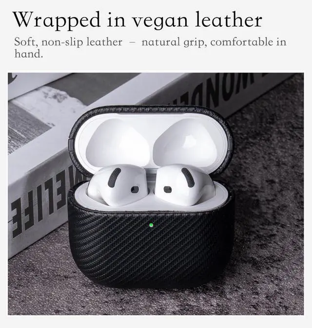 Alt view image 3 of 6 - Edge Series - Hard Case for AirPods 4th Generation - Black | Artisan Hand-Wrapped Case - Premium Faux Leather - Carbon Fiber Finish - Microfiber-Lined Scratch Protection