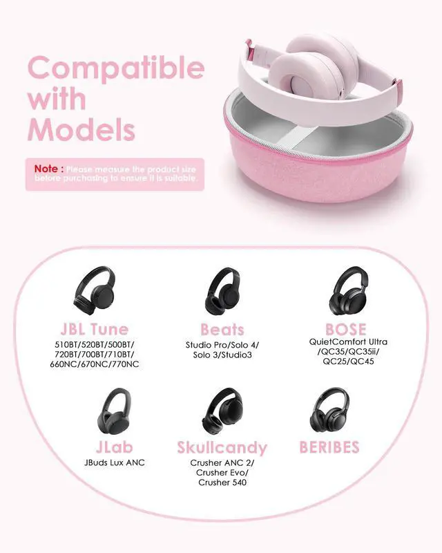 Alt view image 2 of 7 - Hard Headphone Case for Beats/Skullcandy/JBL Tune/Bose/JLab/BERIBES/TOZO | for Over-Ear Foldable Headphones, Upgraded Splashproof, Headset Universal Travel Organizer Bag
