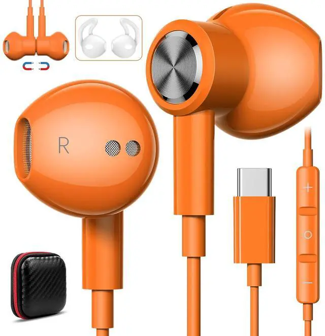 Main image of Magnetic USB-C Wired Earbuds HiFi Stereo Headphones with Mic Orange | Type-C Earbuds with Control Button for iPhone 15/16/17 Samsung S26 & OnePlus 15 14, Wired Earphones for Calls Gaming Workout