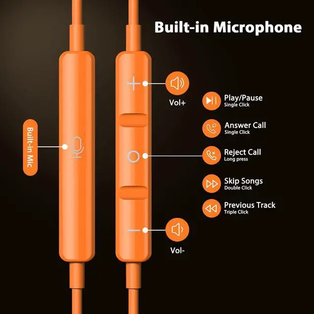 Alt view image 4 of 7 - Magnetic USB-C Wired Earbuds HiFi Stereo Headphones with Mic Orange | Type-C Earbuds with Control Button for iPhone 15/16/17 Samsung S26 & OnePlus 15 14, Wired Earphones for Calls Gaming Workout