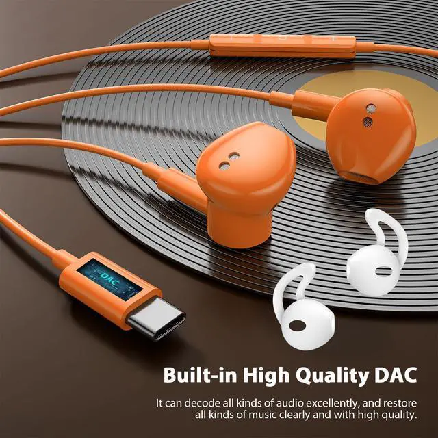 Alt view image 5 of 7 - Magnetic USB-C Wired Earbuds HiFi Stereo Headphones with Mic Orange | Type-C Earbuds with Control Button for iPhone 15/16/17 Samsung S26 & OnePlus 15 14, Wired Earphones for Calls Gaming Workout