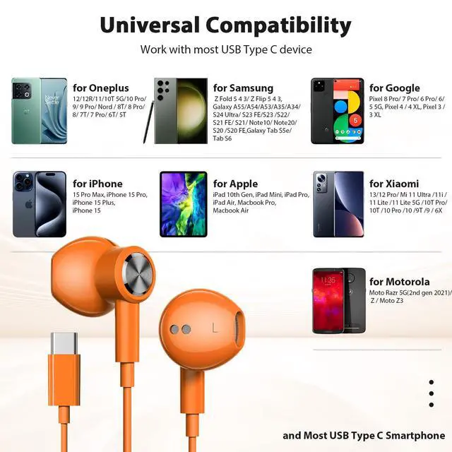 Alt view image 6 of 7 - Magnetic USB-C Wired Earbuds HiFi Stereo Headphones with Mic Orange | Type-C Earbuds with Control Button for iPhone 15/16/17 Samsung S26 & OnePlus 15 14, Wired Earphones for Calls Gaming Workout