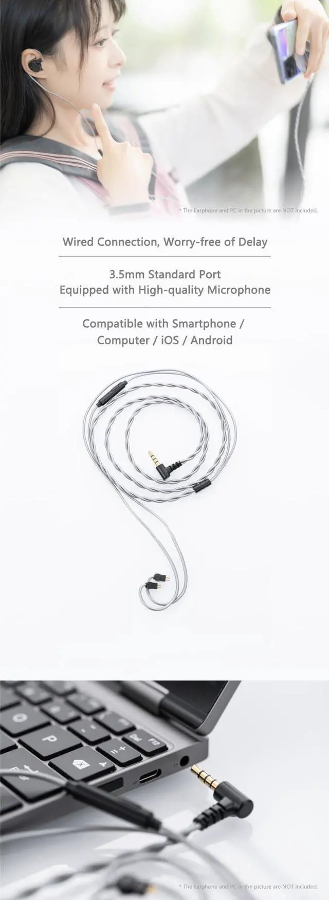Alt view image 4 of 6 - MC1 Multipurpose Microphone Cable 3.5mm Earphone Upgrade Cable Microphone 0.78mm-2pin