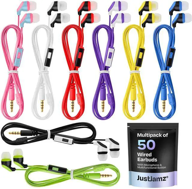 Main image of 50x Multipack Bulk Earbuds with Microphone | for Schools, Classroom, Libraries, Museums, etc. | Wired Earbuds with Microphone for Kids | Affordable Bulk Headphones for Kids & Adults