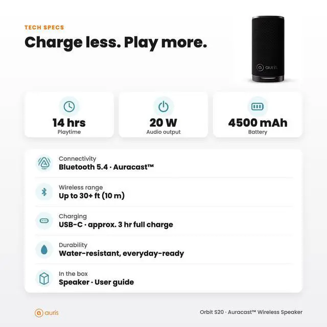 Alt view image 7 of 7 - Orbit S20 Portable Bluetooth Speaker with Auracast Broadcast Audio | Wireless portable speaker with rich sound featuring Auracast broadcast audio for seamless multi-device streaming and sharing