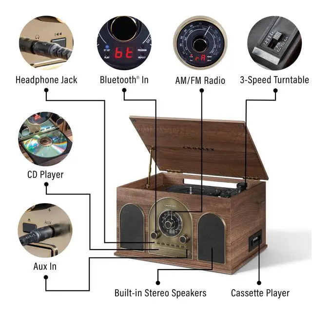 Alt view image 2 of 7 - CR7025A-WA Hayes 8-in-1 Record Player, Walnut | 3-Speed Turntable, Bluetooth In, Built-in Full-Range Stereo Speakers 20W Peak, AM/FM Radio, CD Player