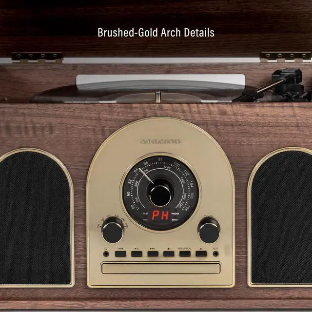 Alt view image 4 of 7 - CR7025A-WA Hayes 8-in-1 Record Player, Walnut | 3-Speed Turntable, Bluetooth In, Built-in Full-Range Stereo Speakers 20W Peak, AM/FM Radio, CD Player