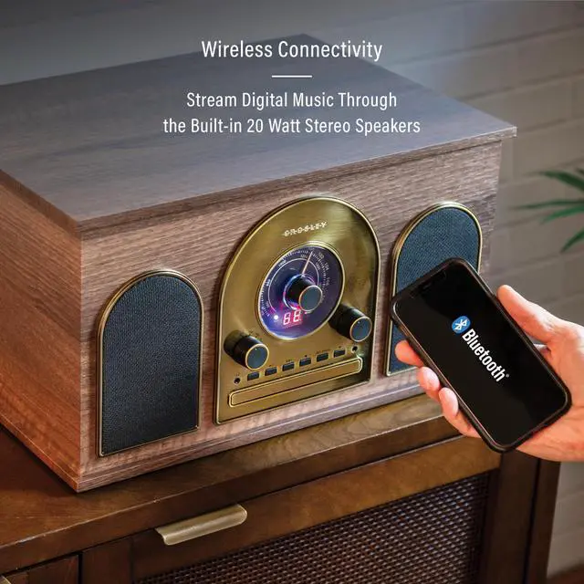 Alt view image 3 of 7 - CR7025A-WA Hayes 8-in-1 Record Player, Walnut | 3-Speed Turntable, Bluetooth In, Built-in Full-Range Stereo Speakers 20W Peak, AM/FM Radio, CD Player