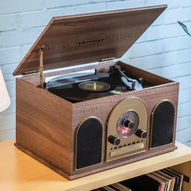 Alt view image 5 of 7 - CR7025A-WA Hayes 8-in-1 Record Player, Walnut | 3-Speed Turntable, Bluetooth In, Built-in Full-Range Stereo Speakers 20W Peak, AM/FM Radio, CD Player
