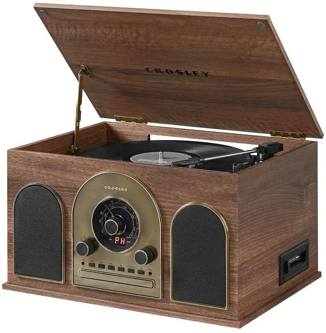 Alt view image 6 of 7 - CR7025A-WA Hayes 8-in-1 Record Player, Walnut | 3-Speed Turntable, Bluetooth In, Built-in Full-Range Stereo Speakers 20W Peak, AM/FM Radio, CD Player