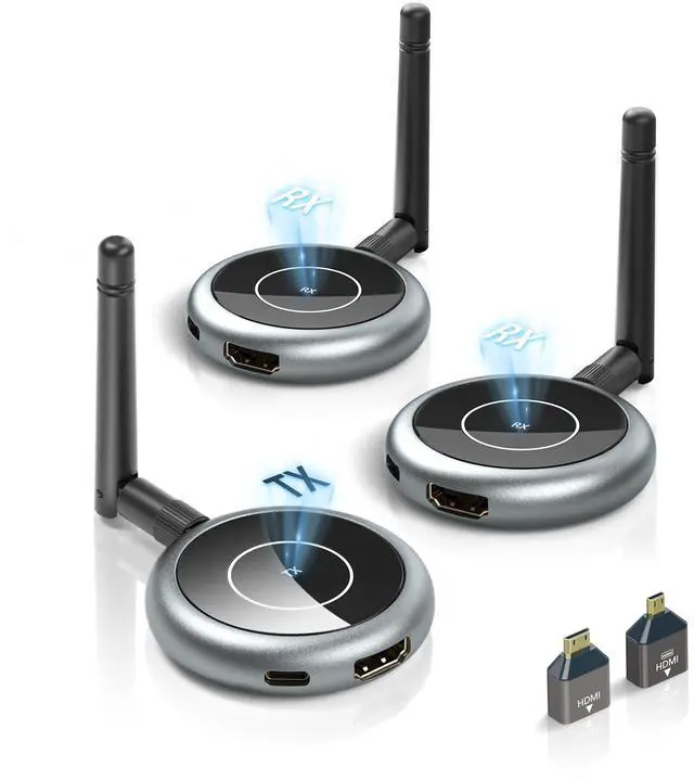 Main image of Wireless HDMI Transmitter and 2 Receivers, Plug and Play Multiple Tvs, 4K Decode 1080P@60Hz, 656FT/200M Range, Support 8 TVs, 5.8G/2.4G Extender for PC/Laptop/TV Box/Projector