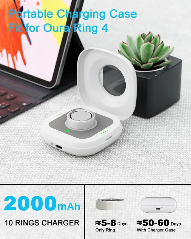 Alt view image 2 of 7 - Portable Charging Case Compatible with Oura Ring 4 Charger,Fits All-Sized Dock,50-Day Runtime,White (Case Only)
