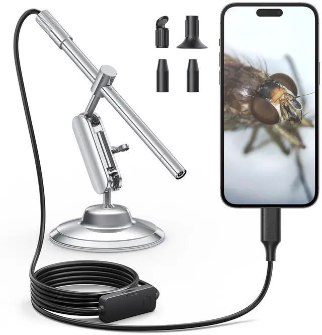Main image of USB-C Digital Microscope 10X-200X for Coin & Electronics Inspection | Handheld Camera with 8 LEDs & Rotating Metal Stand - Compatible with iPhone 15+ & Android, PC, for Skin, Jewelry, Lab Work